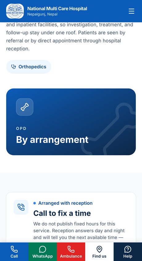 An orthopaedic service page on a phone showing an 'arranged with reception' panel.