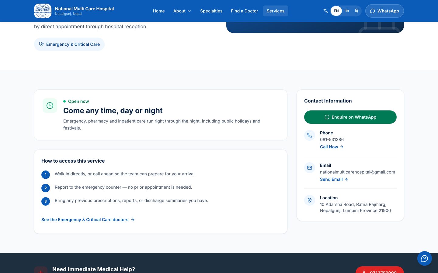 A service page for 24-hour emergency, with a panel stating it is open 24 hours every day.
